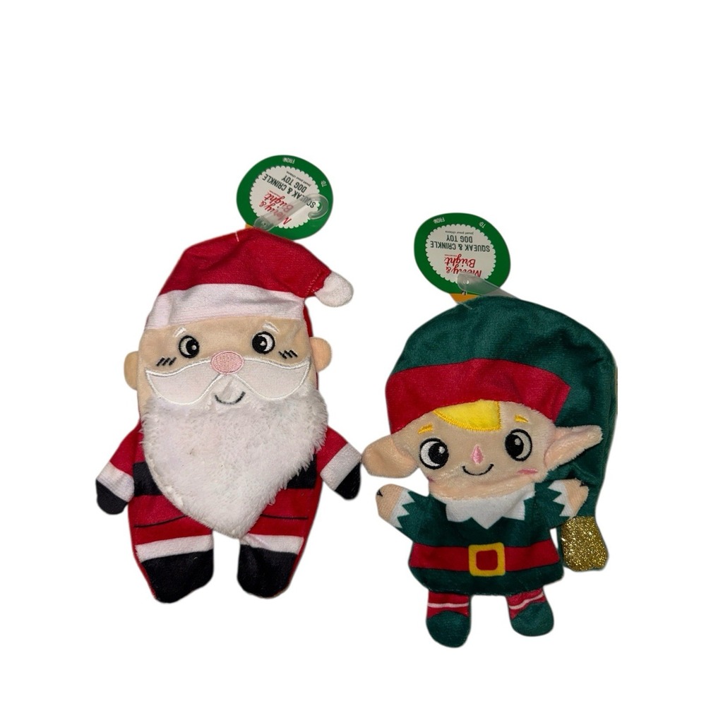 2 x Merry Bright Christmas SANTA & ELF Flattie Small Dog Toy, Crinkle & Squeaker